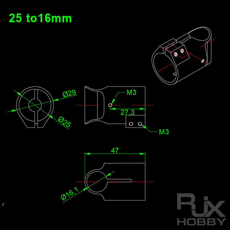 RJXHOBBY tee tripod connector clamp 25mm to 16mm landing gear tube clip for quadcopter multicopter DIY model airplane