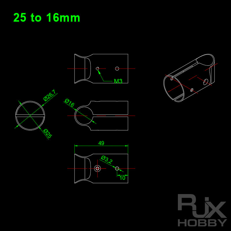 RJX Landing Gear Aluminum Alloy Tee Tripod 20 to 16mm / 25 to 16mm Carbon Fiber Tube Connector For Agriculture Drone UAV