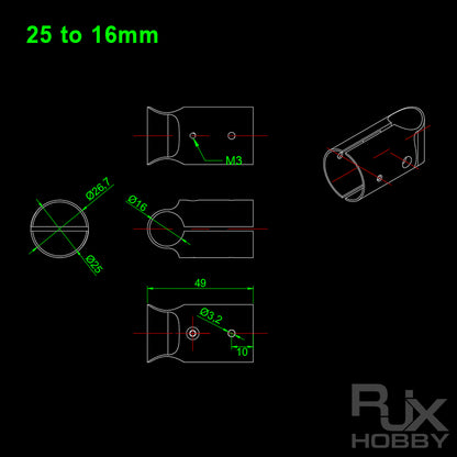 RJX Landing Gear Aluminum Alloy Tee Tripod 20 to 16mm / 25 to 16mm Carbon Fiber Tube Connector For Agriculture Drone UAV