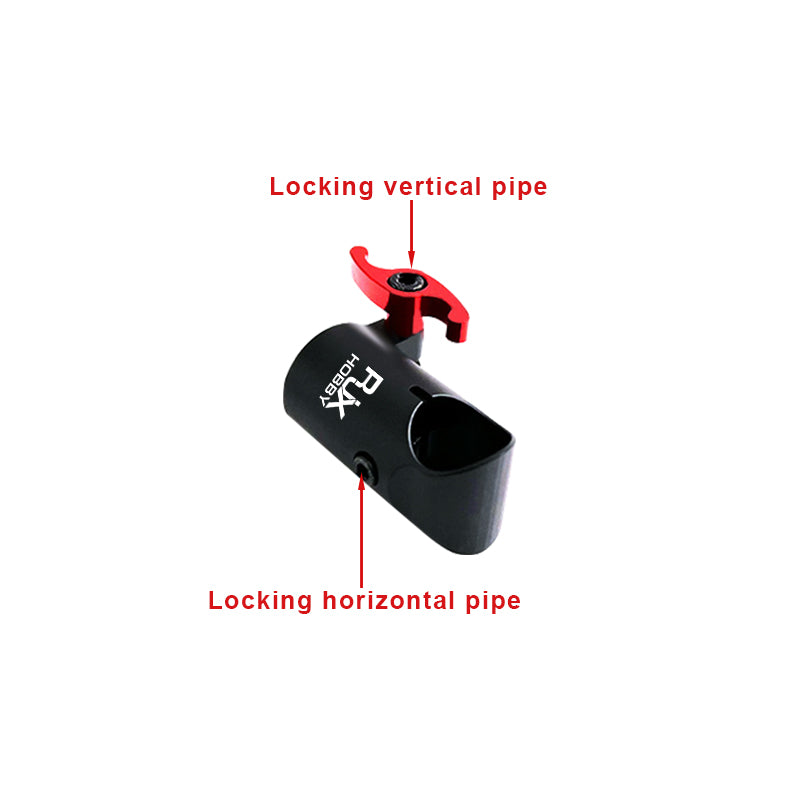 Quick-release connector for tripod adapters, featuring locking vertical and horizontal tubes.