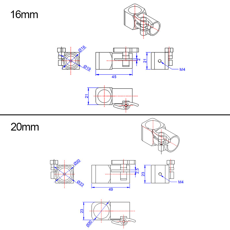 RJXHOBBY 16mm 20mm 25mm Quick Release Tripod CNC Three-way Joint for RC Multiaxis UAV DIY Parts