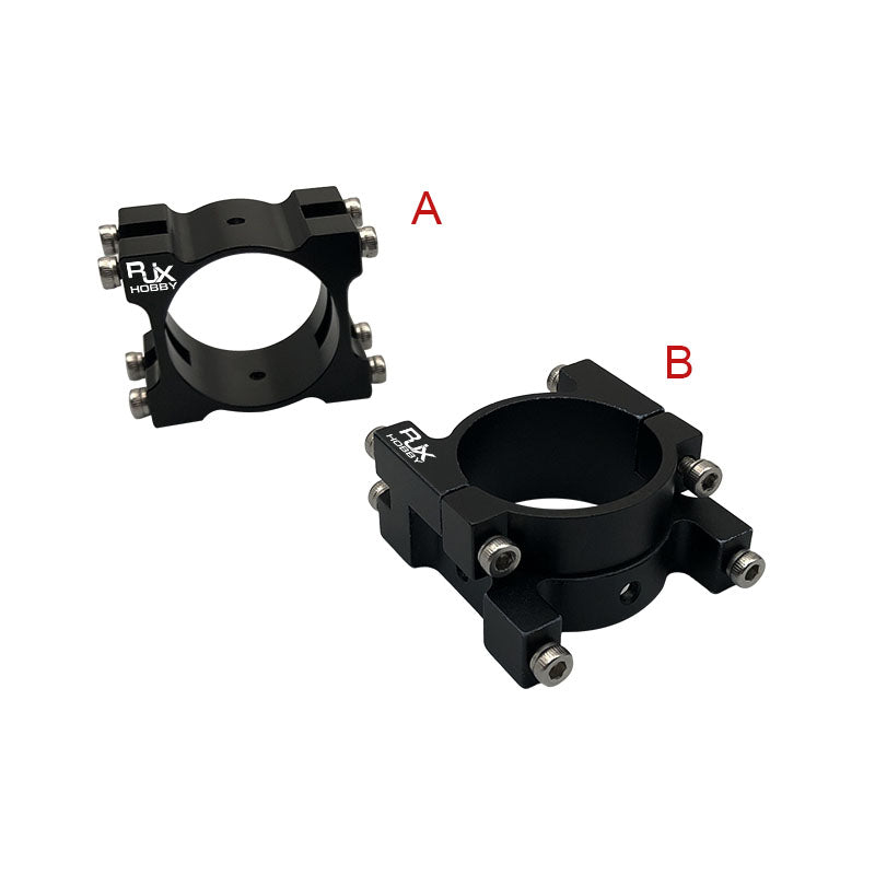 Black RJXHOBBY aluminum alloy 30mm tube clamp with four bolt mounts, shown in two angles
