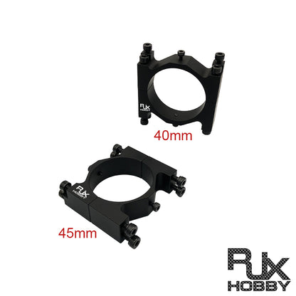 RJX aluminum alloy split tube clamp fixture with bolt fasteners, shown in 40mm and 45mm sizes for UAV drone tubes