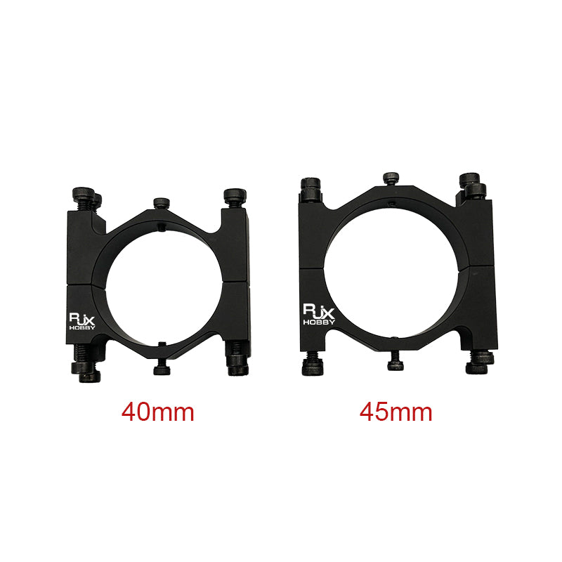 RJX Hobby aluminum alloy tube clamp bracket with bolts, shown in 40mm and 45mm sizes for drone frames