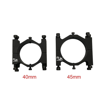 RJX Hobby aluminum alloy tube clamp bracket with bolts, shown in 40mm and 45mm sizes for drone frames