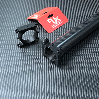 RJX aluminum alloy tube clamp bracket with hex screws, shown mounted on a carbon fiber UAV drone tube