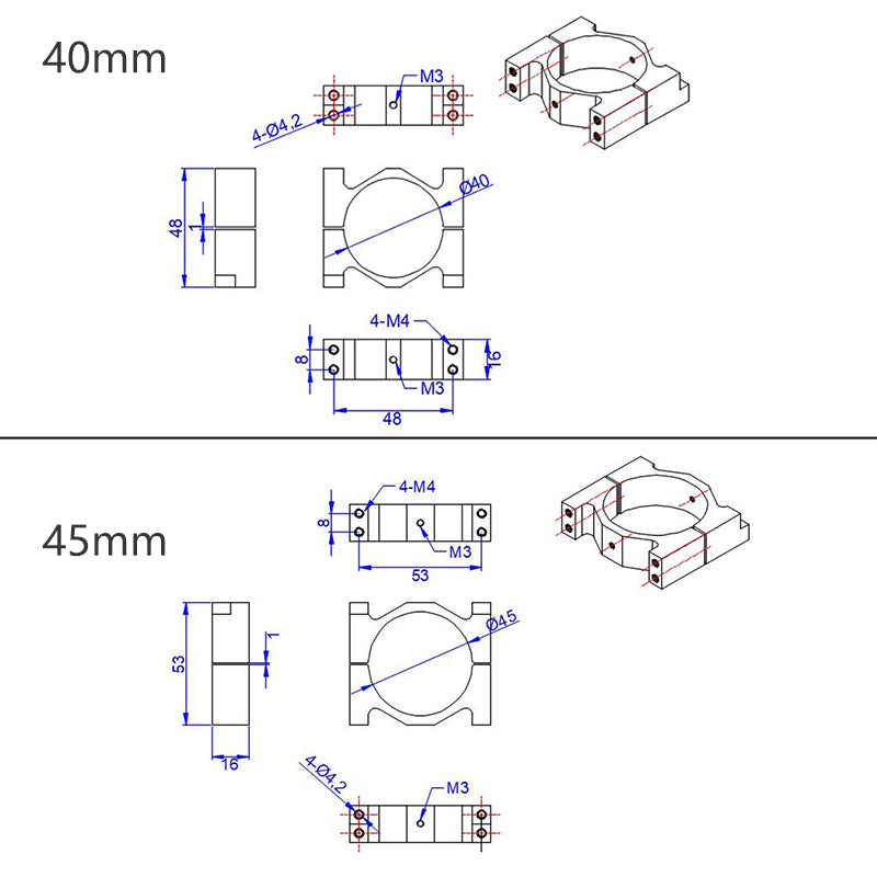 Technical drawing of aluminum tube clamp bracket for UAV drone, 40mm and 45mm sizes with M3/M4 holes