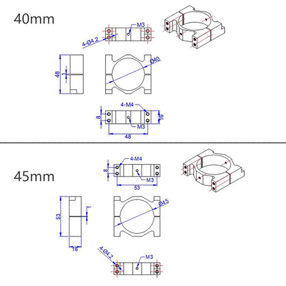 Technical drawing of aluminum tube clamp bracket for UAV drone, 40mm and 45mm sizes with M3/M4 holes