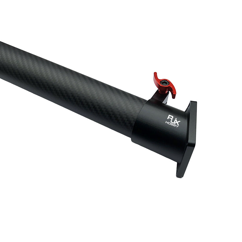 RJX RX Hobby quick-release landing gear connector mount with red lever on carbon fiber tube
