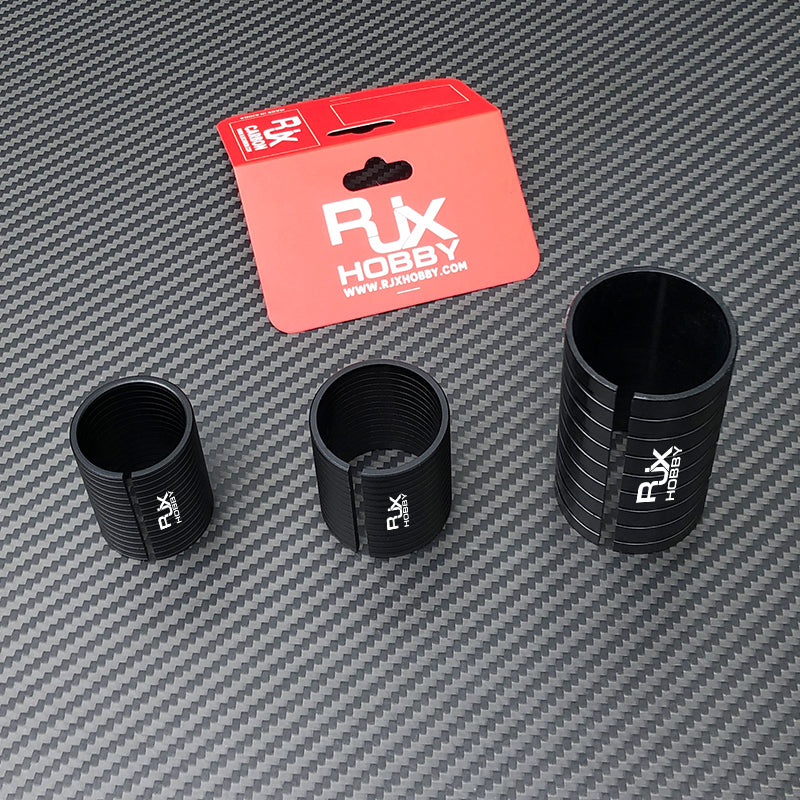 RJX Hobby diameter-changing adapter sleeves for drone arm tubes, black split ridged rings in three sizes