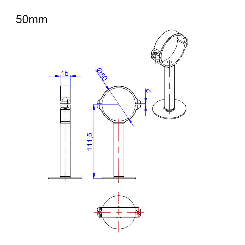 Dimension drawing of RJX GPS bracket holder mount with 50mm ring diameter and 111.5mm post height
