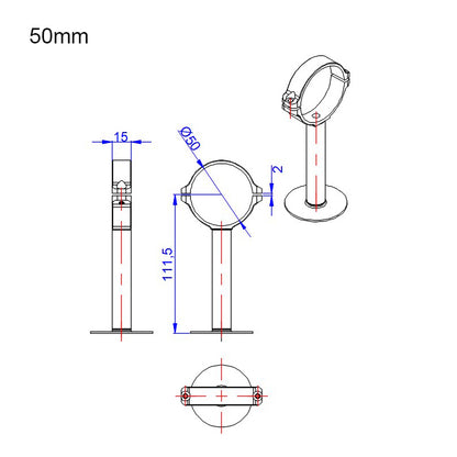 Dimension drawing of RJX GPS bracket holder mount with 50mm ring diameter and 111.5mm post height