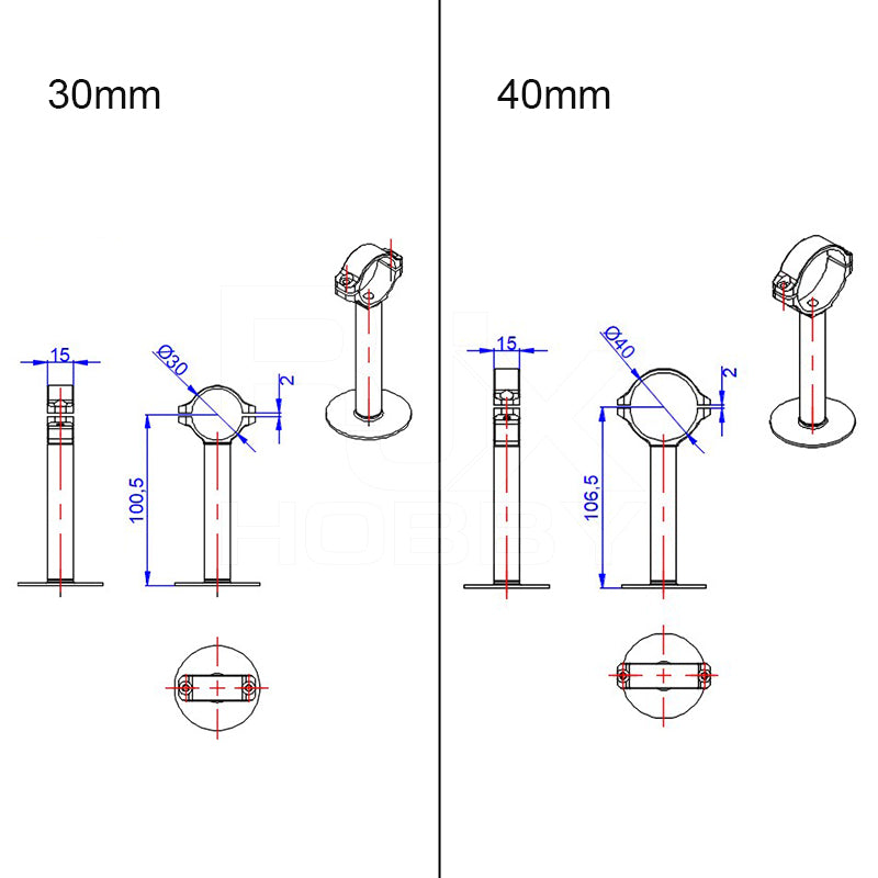 Dimension drawing of RJX GPS bracket holder mount with 30mm and 40mm clamp sizes and height measurements