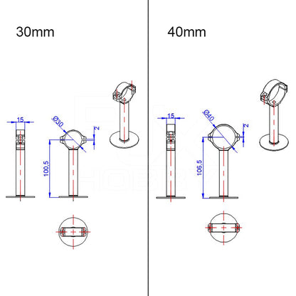 Dimension drawing of RJX GPS bracket holder mount with 30mm and 40mm clamp sizes and height measurements