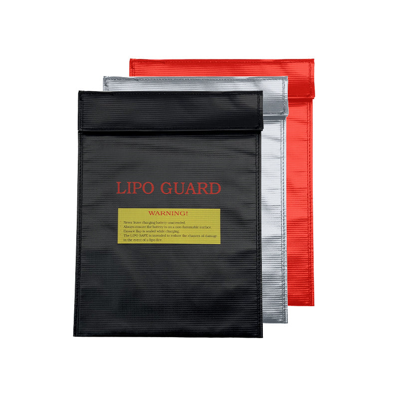 RJX RC LiPo battery safety bag with fold-over flap closure, shown in black with red and silver bags behind