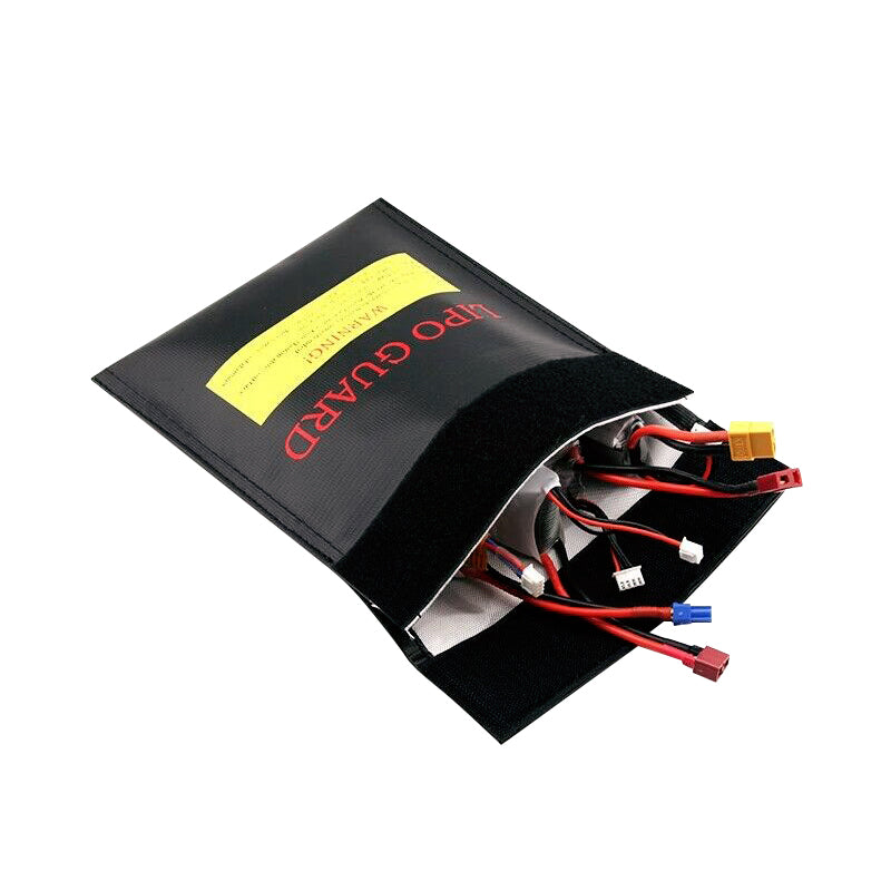 RJX RC LiPo battery safety bag with Velcro flap, shown open holding LiPo packs and balance leads