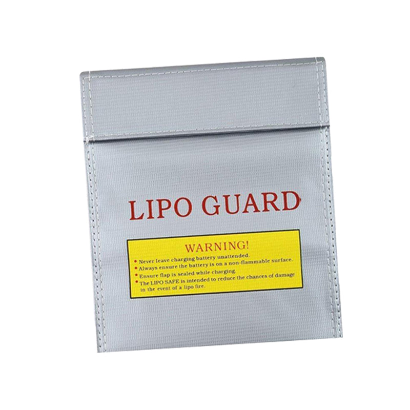 RJX RC LiPo battery safety bag with flap closure, silver pouch labeled “LIPO GUARD” and warning panel