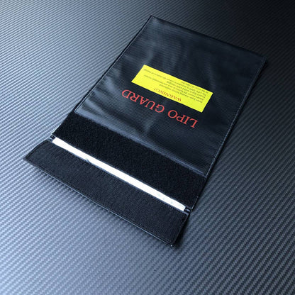 RJX RC LiPo Battery Safety Bag, Black LiPo Guard battery safety bag with Velcro flap closure and warning label for RC LiPo packs