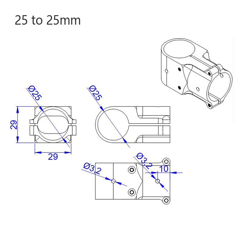 RJX Alum 25mm to 25mm / 30mm to 30mm / 30mm to 25mm Tee Joint Landing Gear Connector Adapter for RC Plant UAV Drone