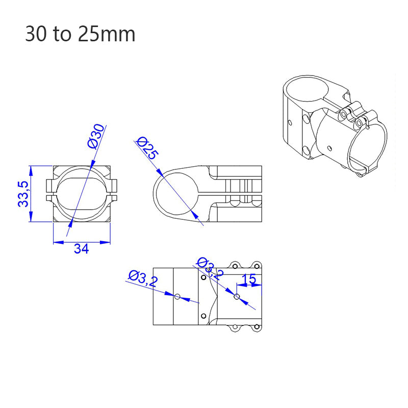 RJX Alum 25mm to 25mm / 30mm to 30mm / 30mm to 25mm Tee Joint Landing Gear Connector Adapter for RC Plant UAV Drone