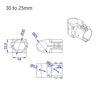 RJX Alum 25mm to 25mm / 30mm to 30mm / 30mm to 25mm Tee Joint Landing Gear Connector Adapter for RC Plant UAV Drone