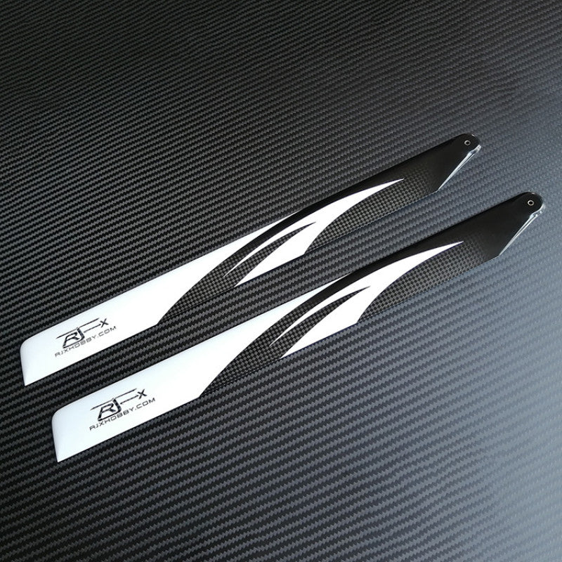 RJXHOBBY 360mm Carbon Fiber Main Blades, Pair of RJXHOBBY 360mm carbon fiber helicopter main blades with black weave finish and white tip graphics