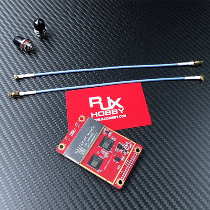 RJX K827 GNSS receiver board module on red PCB with two RF coax pigtail cables and SMA connectors