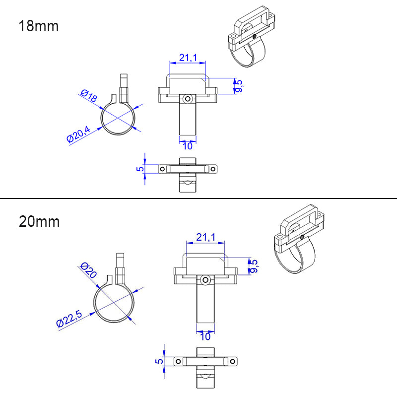 RJXHOBBY XT90 Plug Fixed Seat Mount, Technical drawing of an XT90 plug fixed seat mount with 18mm and 20mm clamp sizes and dimensions