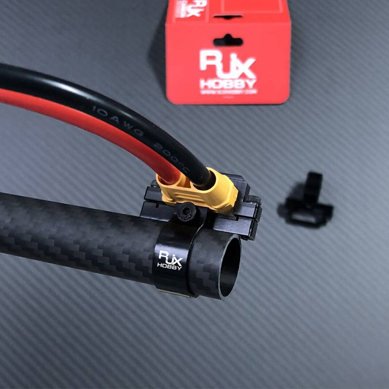 RJXHOBBY XT90 plug fixed seat mount attached to a carbon fiber tube clamp with wired yellow XT90 connector