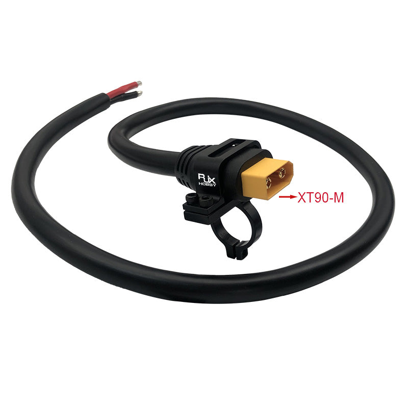 RJX XT90 Plug Fixed Seat Connector Mount, RJX XT90-M male plug with fixed seat mount and attached power lead, clamp-style bracket for secure install
