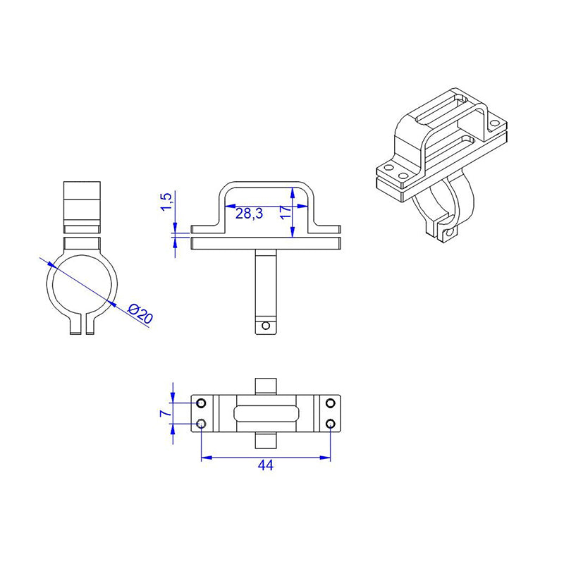 RJX XT90 Plug Fixed Seat Connector Mount, Technical drawing of XT90 plug fixed seat connector mount with Ø20 clamp and 44 mm base dimensions