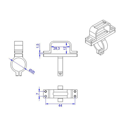 RJX XT90 Plug Fixed Seat Connector Mount, Technical drawing of XT90 plug fixed seat connector mount with Ø20 clamp and 44 mm base dimensions