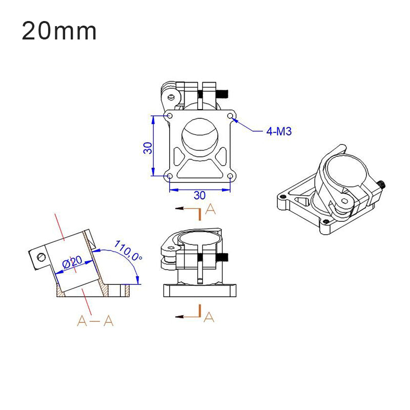 Tripod fixed seat made of aluminum, adjustable to 20 degrees with M3x10 screws and weighing 29.5g.