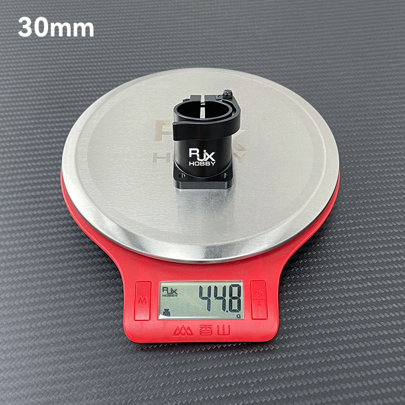 RJX Hobby 30mm quick-release tripod fixed seat clamp on a digital scale, showing 44.8g weight