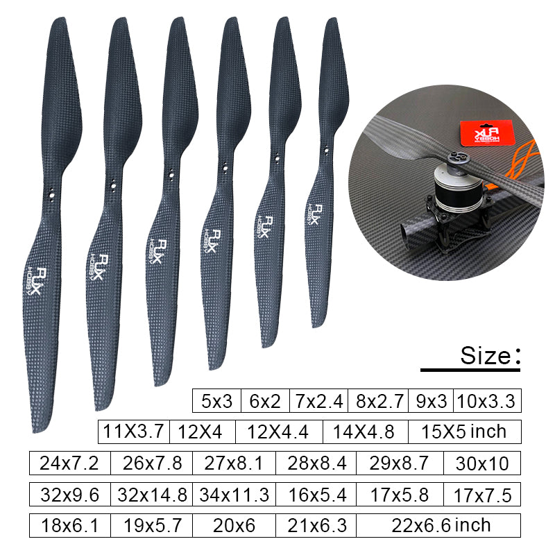 Carbon fiber propeller sizes for multirotor drone, ranging from 5x3 to 34x11.3 inches.