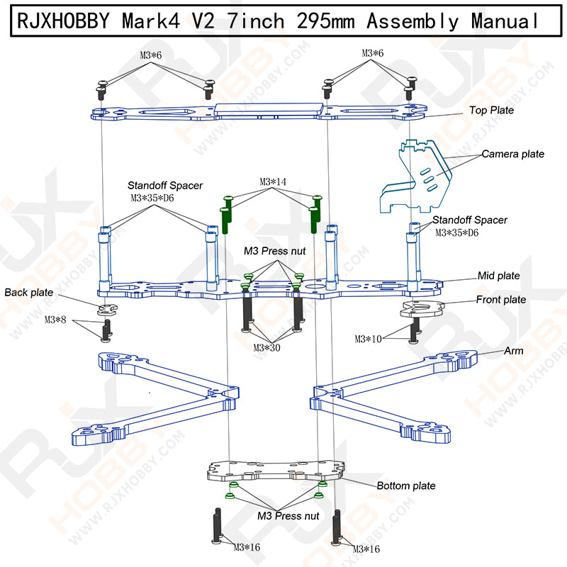 Carbon fiber frame kit for RC FPV racing drone with assembly manual and various components.