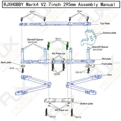 Carbon fiber frame kit for aerial photography with 12 parts, including plates and arm.