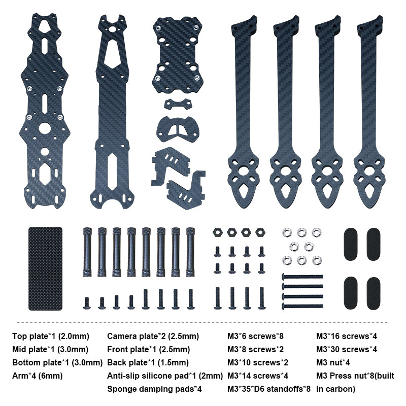 Kit contents for camera stabilizer: assorted parts for assembly.