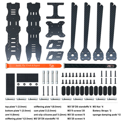 Kit contents: parts for building an RC FPV drone, including top and bottom plates.