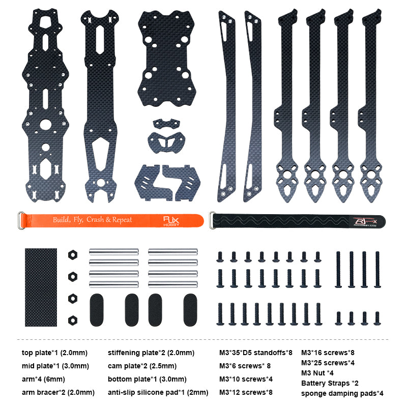 RC FPV racing drone frame kit with carbon fiber components.