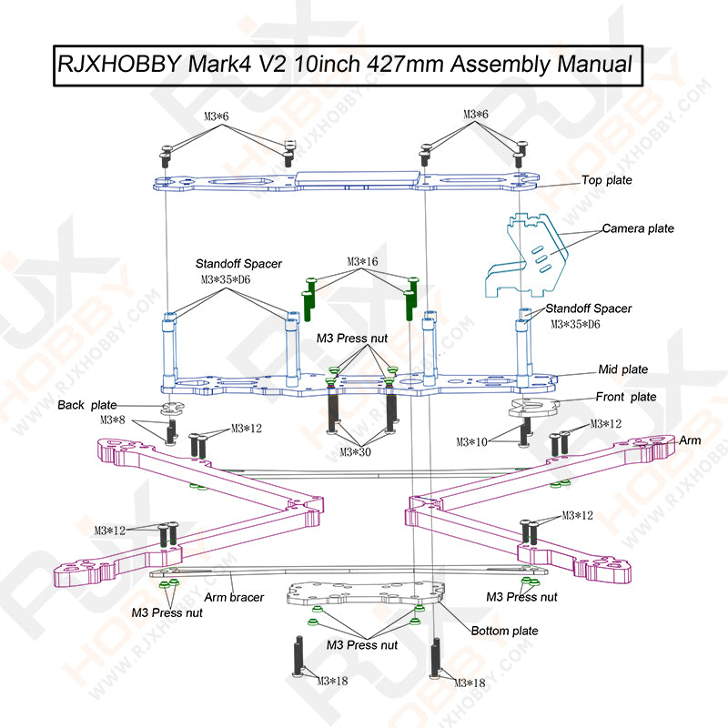 Carbon fiber frame kit for RC FPV racing drone with various components included.