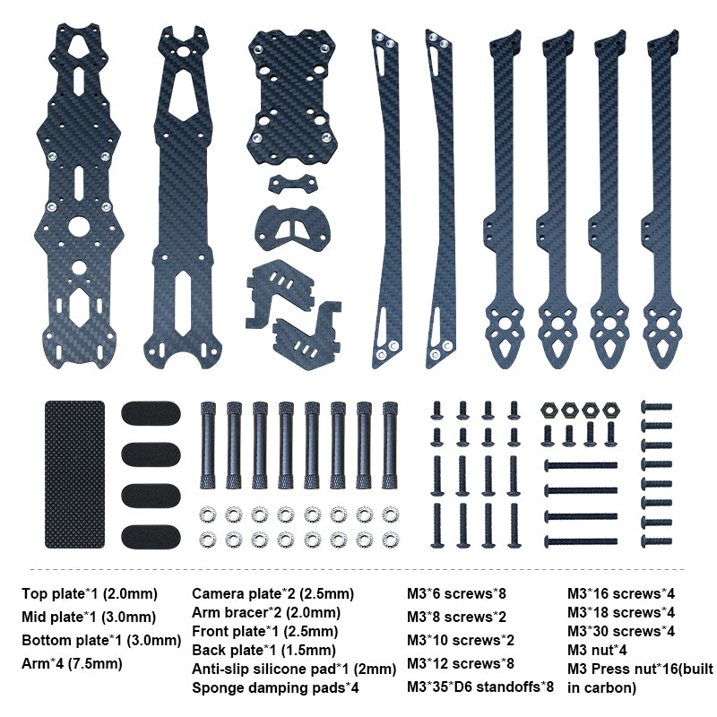 Kit contents for image: metal plates, camera plates, fasteners, and accessories.