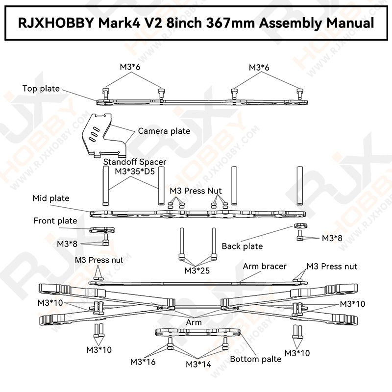 RJXHOBBY Mark4 V2 Carbon Fiber Frame Kit contents: various plates. standoffs. and arms.