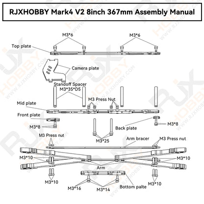 RJXHOBBY Mark4 V2 Carbon Fiber Frame Kit contents: various plates, standoffs, and arms.