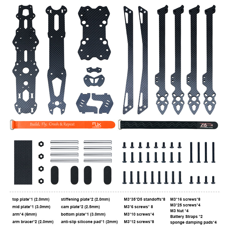 Robot kit components: plates. standoffs. screws. arms. straps. and pads.