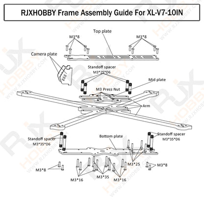 Frame assembly guide with instructions and M3 screws for building RJXHOBBY's XL- V7 frame.