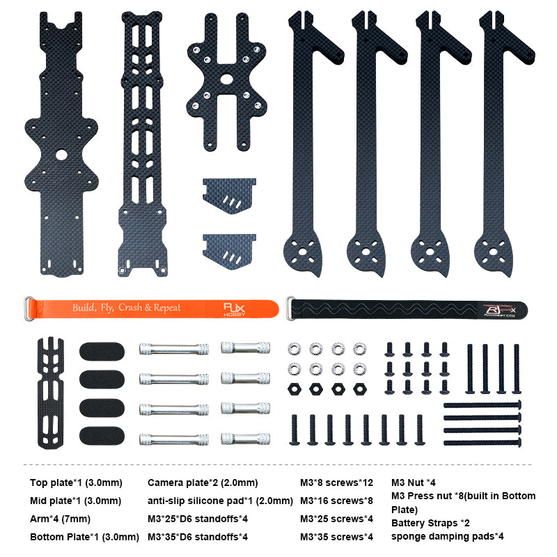 Robotics kit contents: various parts. including plates. screws. and other components for assembly.