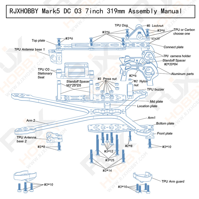 Carbon fiber frame kit for RC FPV racing drones with various aluminum parts.