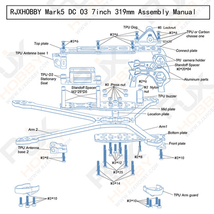 RJXHOBBY Mark5 DC O3 Carbon Fiber Frame Kit with manual assembly instructions.