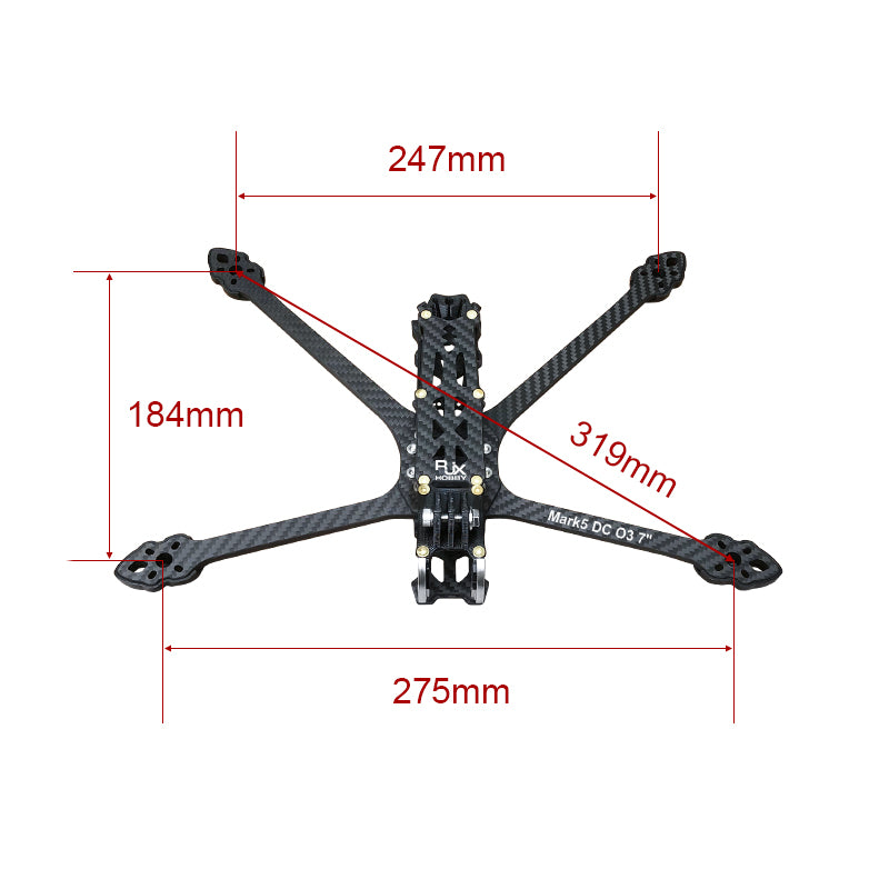 Parts included in the Mark5 DC O3 drone frame, suitable for FPV racing and freestyle flying.